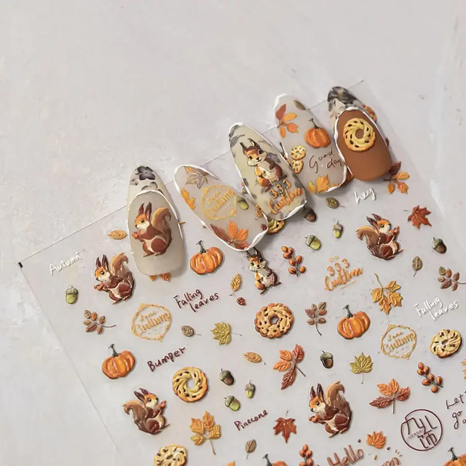 Fall Nail Art Stickers 5D Embossed Autumn Nail Decals Squirrel Nail Stickers Maple Leaf Pumpkin Nail Art Supplies Fallen Leaves Pine Cones Nails Slider for Women Thanksgiving Day Manicure Decoration