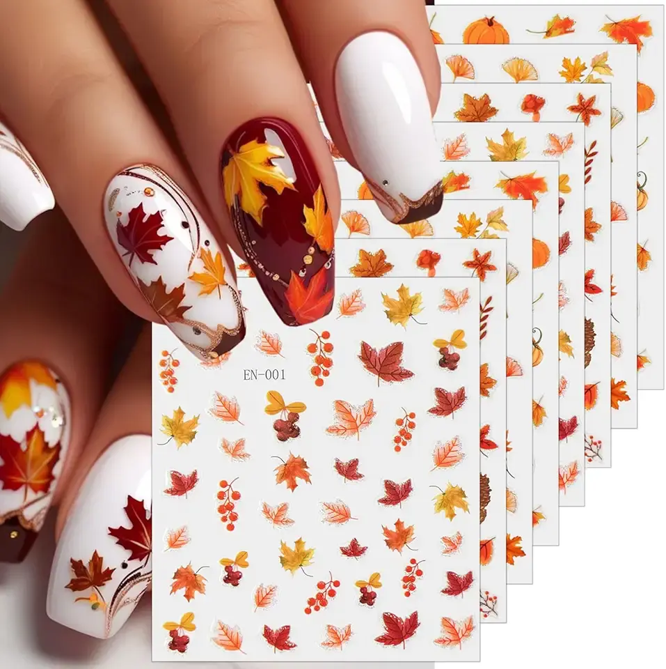 8 Sheets Fall Nail Stickers for Nail Art Thanksgiving Nail Art Stickers Autumn Fruit Maple Leaf Nail Decals with Glitter 3D Self-Adhesive Ginkgo Leaves Pumpkin Nail Designs for Women Nails Accessories