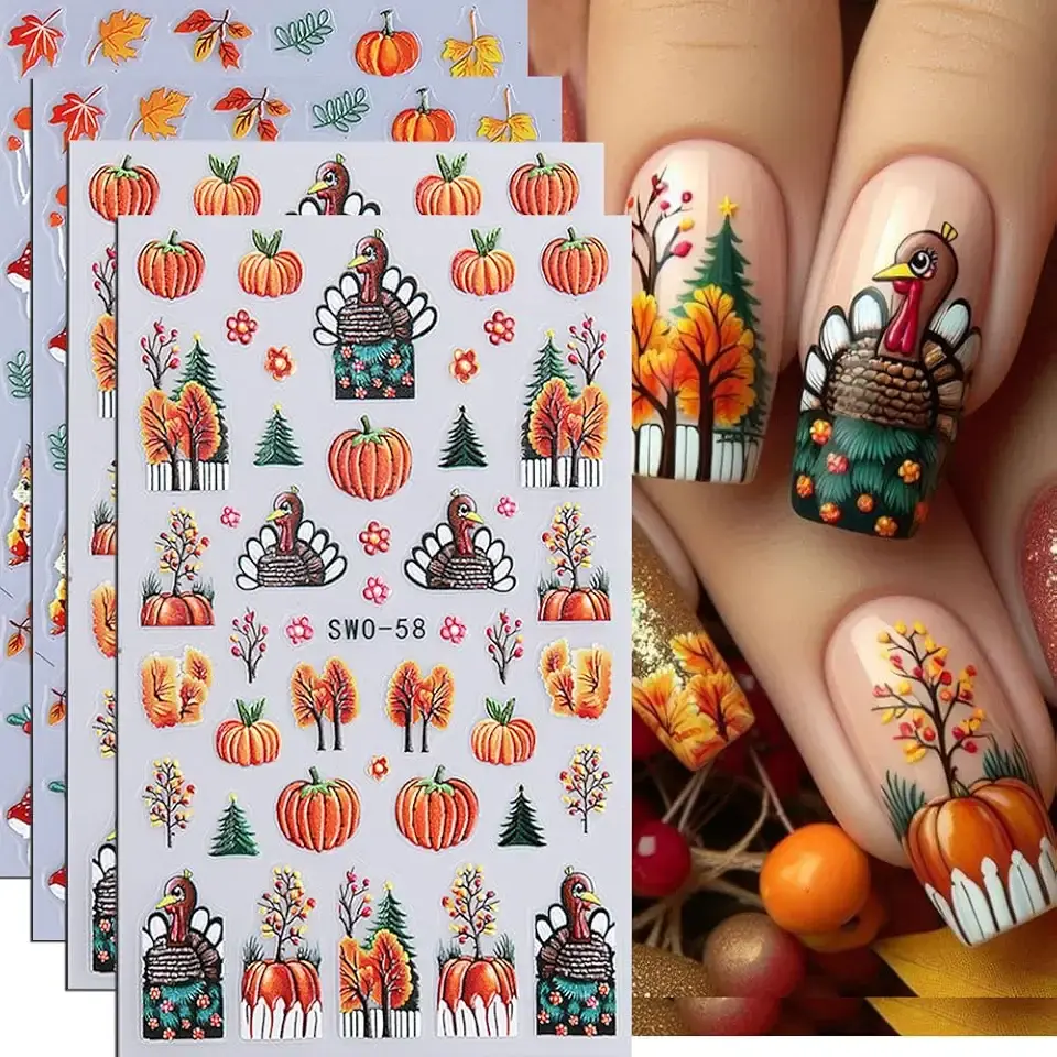 4Pcs Fall Nail Stickers 3D Pumpkin Maple Leaves Thanksgiving Nail Decals Orange Tree Nail Art Stickers 5d DIY Self Adhesive Nail Design Decoration