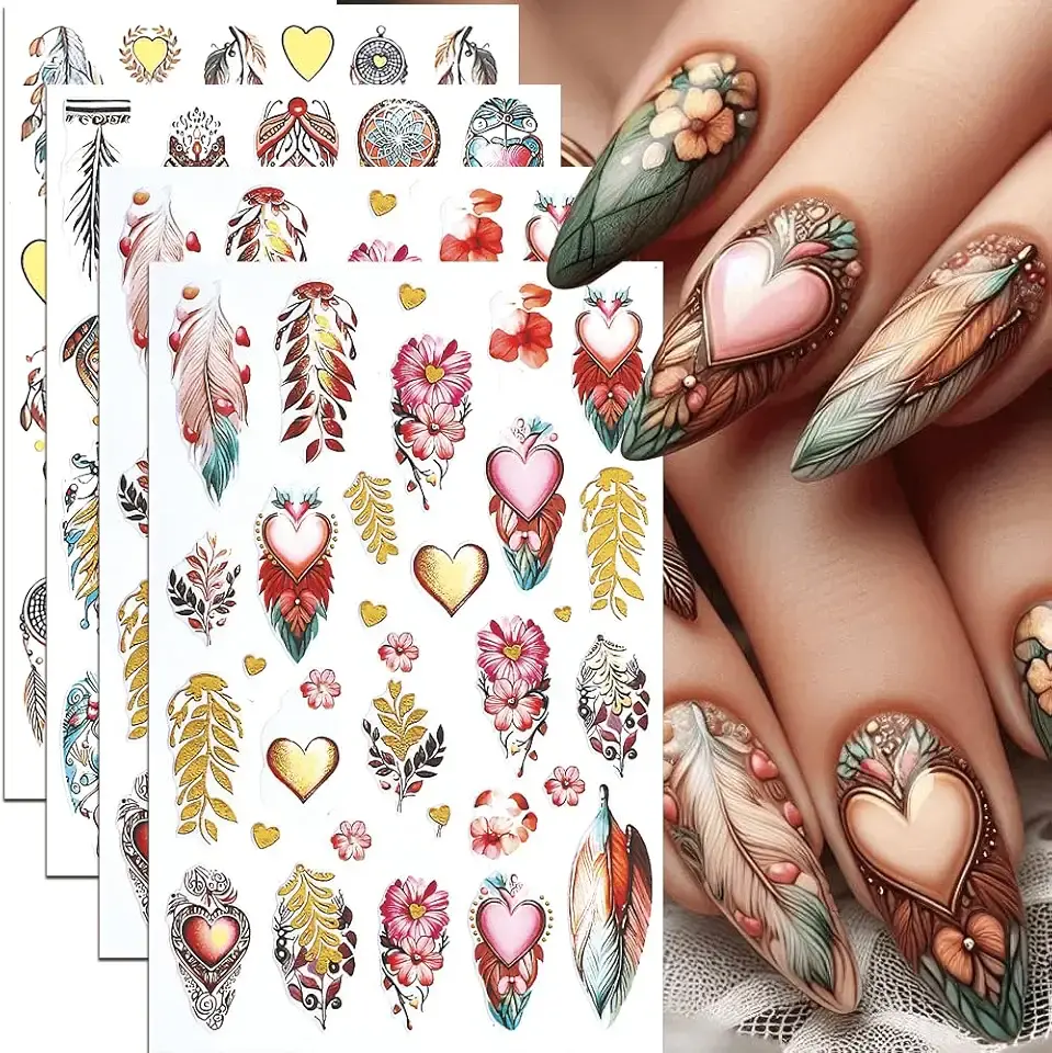 4Pcs Thanksgiving Nail Stickers Gold Leaf Exquisite Totem Nail Decals DIY Self Adhesive Grateful Heart Feather Design Nail Decoration Supplies Holiday Manicure Accessories for Women Girls