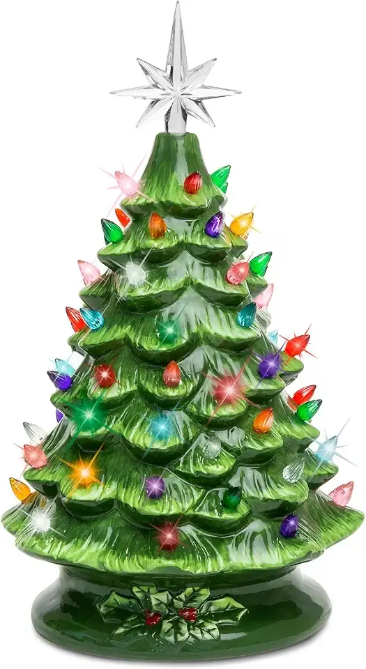 Best Choice Products 15in Ceramic Christmas Tree, Pre-lit Hand-Painted Tabletop Holiday Tree, Star Topper, 64 Lights - Green w/Multicolored Bulbs
