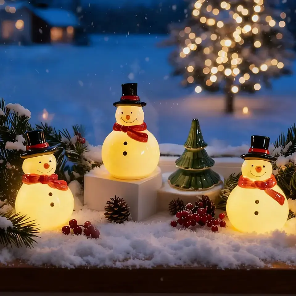 NEROSUN Christmas Snowman Figurines, 3 Pack Ceramic Cute LED Lighted Snowman Tabletop Christmas Decorations, Light Up Table Ornaments for Indoor Cabinet Mantel Fireplace Winter Xmas Decor