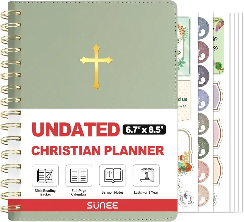 SUNEE Christian Planner - Undated 12 Month Bible Journal and Prayer Planner A5 Spiral Bound, Monthly & Weekly Christian Organizer Gifts for Women Men (Grey Green)