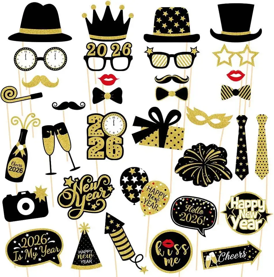 New Year’s Photo Booth Props 2026 – Pack of 35, Nye | Eve Party Supplies Happy Year Decorations