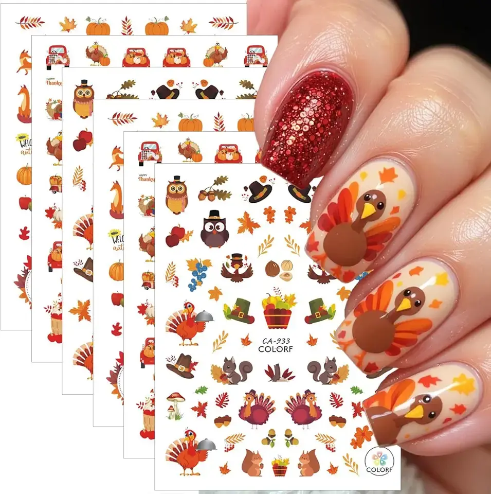 6 Sheets Fall Nail Stickers for Nail Art 3D Self-Adhesive Turkey Nail Art Stickers Thanksgiving Pumpkin Maple Leaf Nail Decals Autumn Nail Design Sticker for Women DIY Nails Decoration