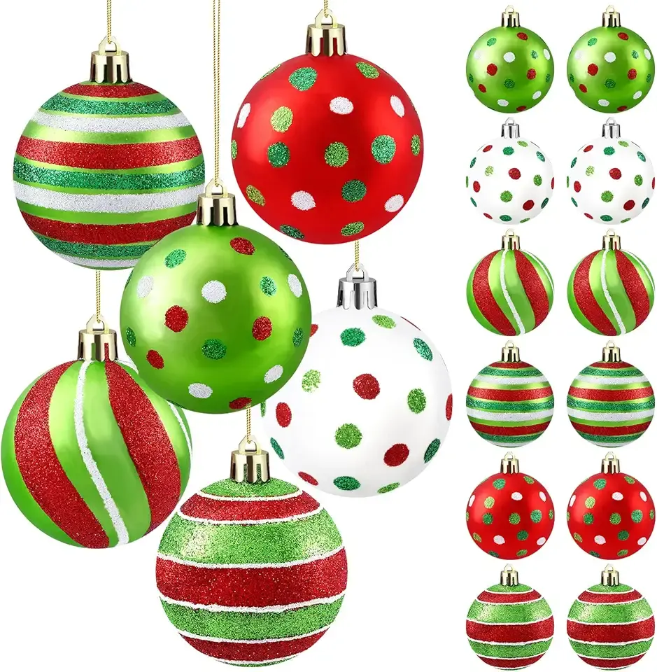 DIYDEC 18pcs Christmas Balls Ornament 2.4 Inch Glittering Hanging Xmas Balls for Tree Decoration Swirl Candy Cane Elf Balls Red Green Plastic Christmas Baubles for Home Indoor Holiday Party Decor