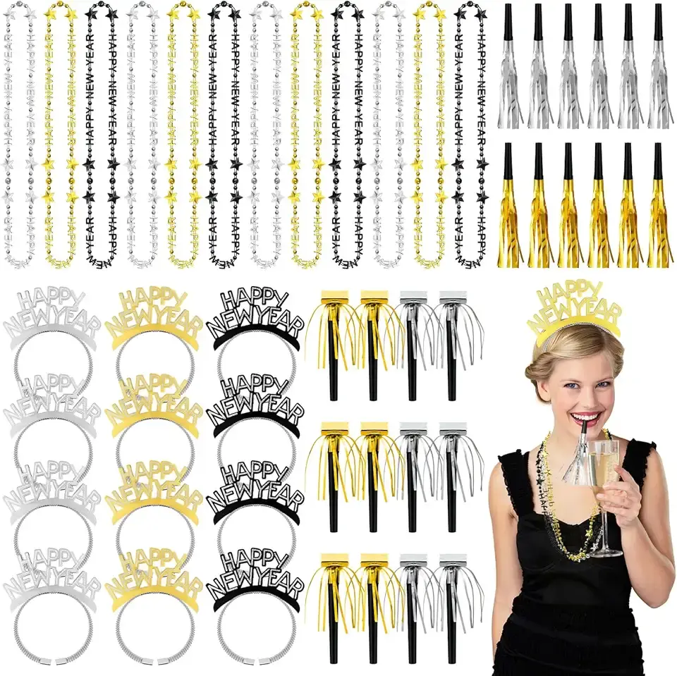 2026 New Years Eve Party Supplies 48 PCS, Happy New Year Decorations Kit - Party Favor Includes Headband, Blowers, Noise Makers & Necklace, NYE Photo Booth Props Accessories Gifts Wearables