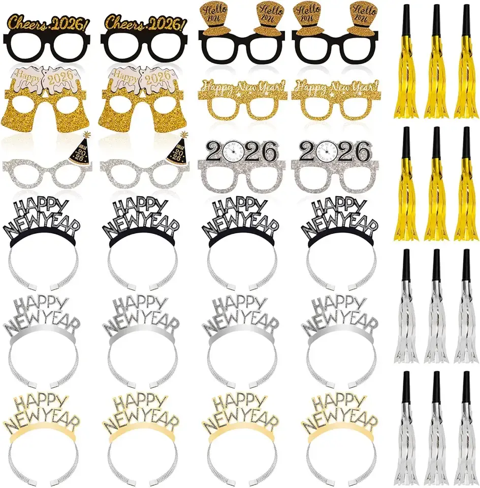 36 Pcs New Years Eve Party Supplies 2026 - New Years Decorations Set, Silver Gold Black Happy New Year Headband Tiara Glasses Noise Makers Bulk for Adults Kids New Year's Gifts Party Favors Decor