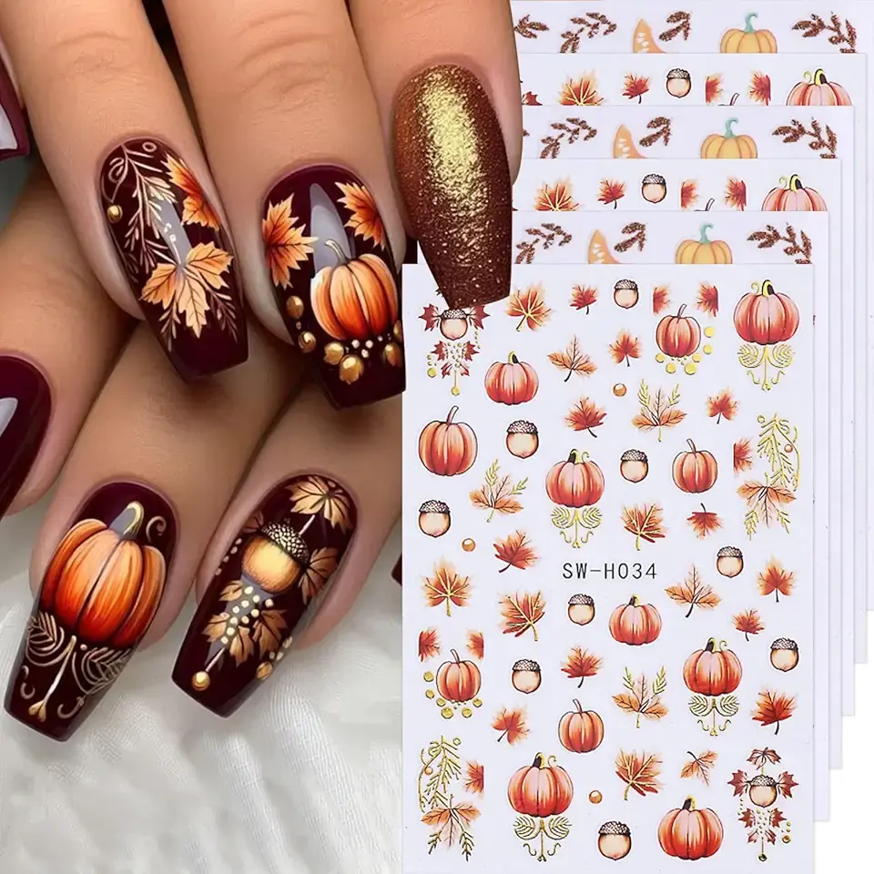 6PCS Thanksgiving Nail Art Stickers Fall Nail Decal Maple Leaf Pumpkins Design Glitter Orange Adhesive Sticker Cute Nail Art Supplies Manicure Accessories Fall Stickers for Women Nail Decorations