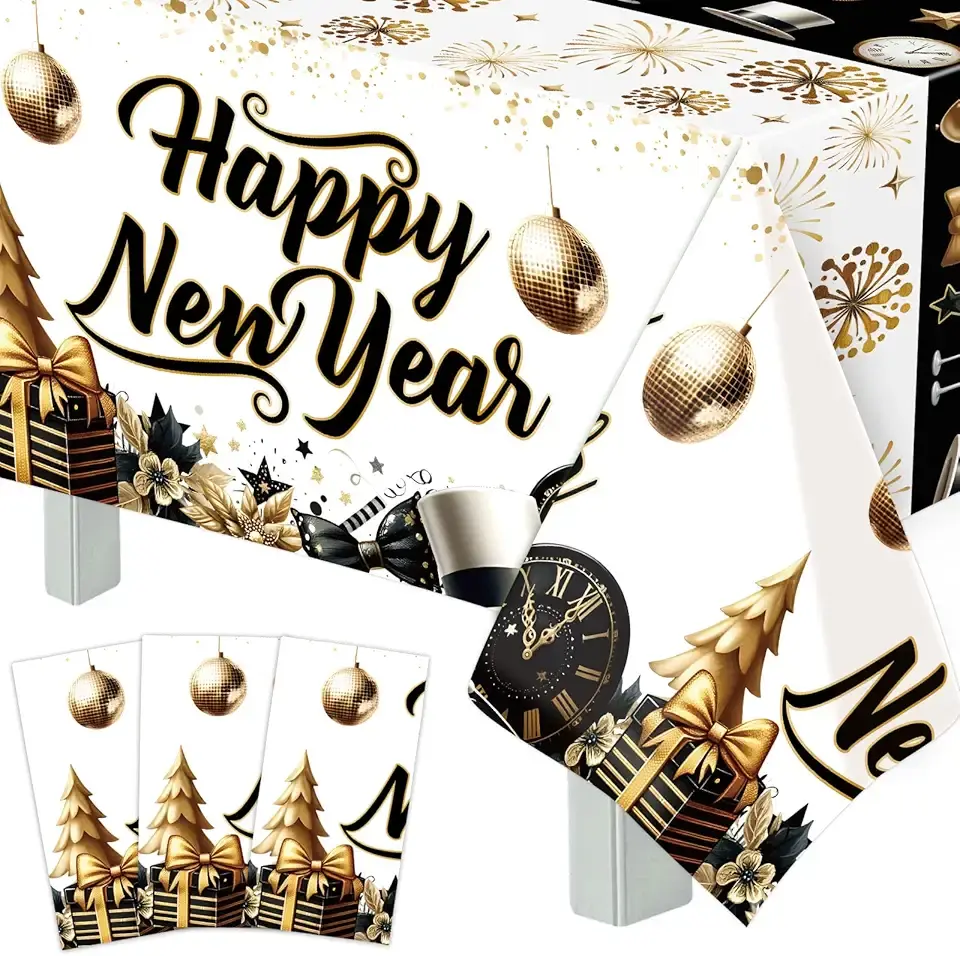 Fancy Land Happy New Year Tablecloths 3 Pack New Years Eve Party Supplies 2026 Gold Black White Tablecloths for Rectangle Tables Happy New Years Decorations 2026