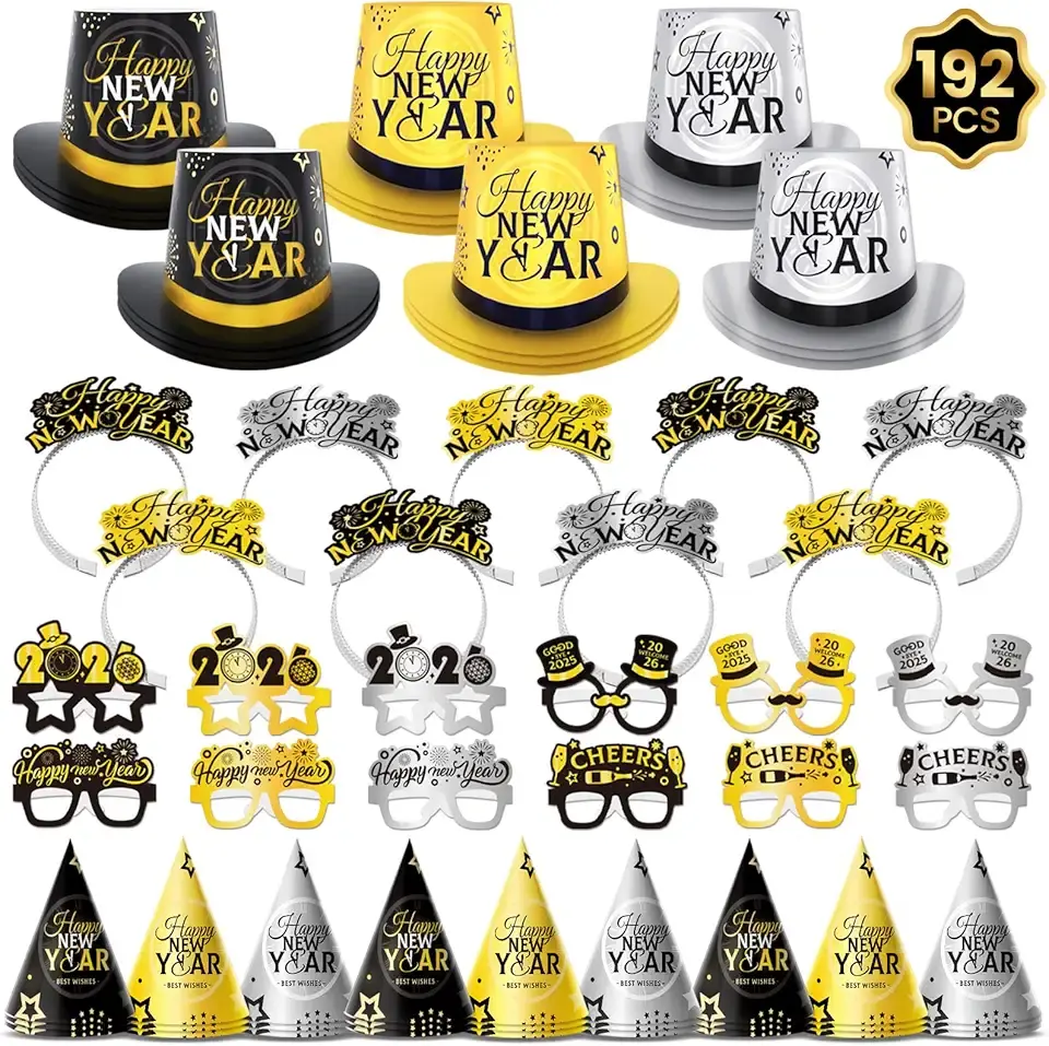 192PCS New Years Eve Party Supplies 2026 for 96 Guests, Happy New Years Decorations Party Favors Includes Top Hats, Tiaras, Glasses Accessories for Adults Kids Nye Decorations 2026