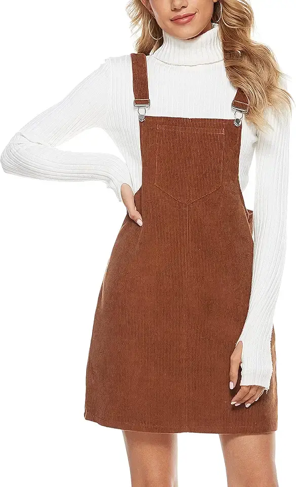 Yeokou Womens Casual Corduroy Bib Knee Length Overalls Pinafore Midi Dress Jumpsuit