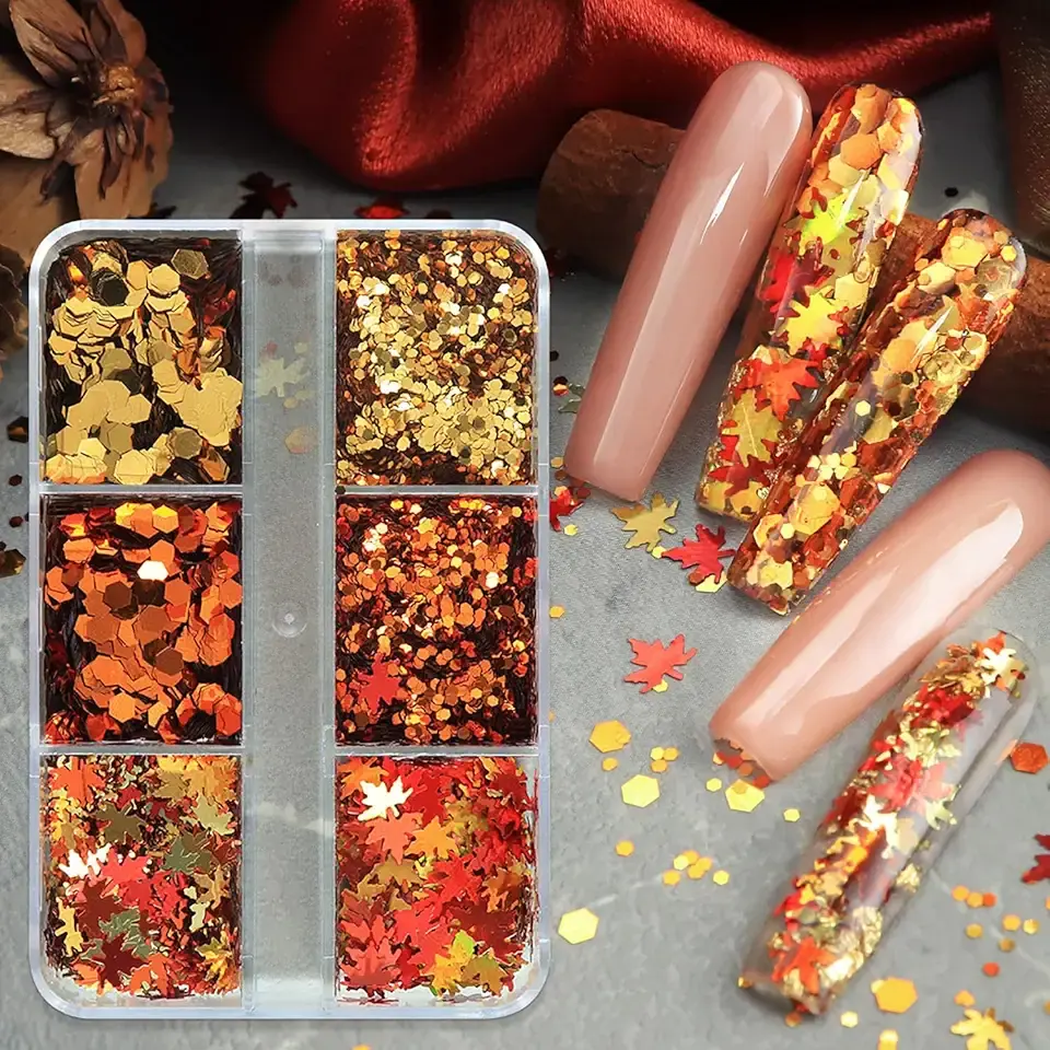 Thanksgiving Glitter Maple Leaf Nail Sequins Fall Nail Flakes Design Nail Charms Holographic Mixed Color 3D Confetti Autumn Nail Art Stickers Maple Leaves Nail Glitter Sequins for Women