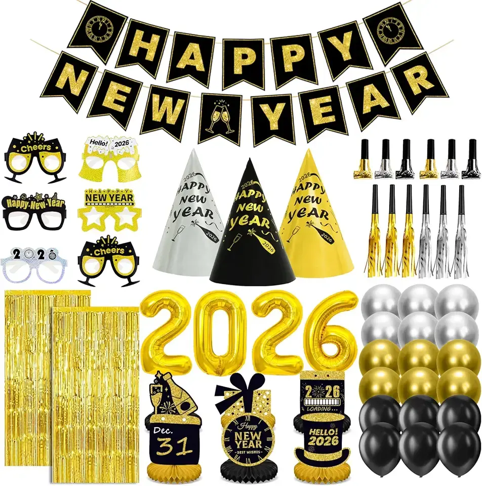 New Years Eve Party Supplies 2026 for 12, New Years Eve Party Decorations, 6 Hat, 6 Glasses, 12 blowouts, 6 Table Centerpiece, 2 Foil Fringe Curtains, 18 Balloons, Great NYE Decorations Pack