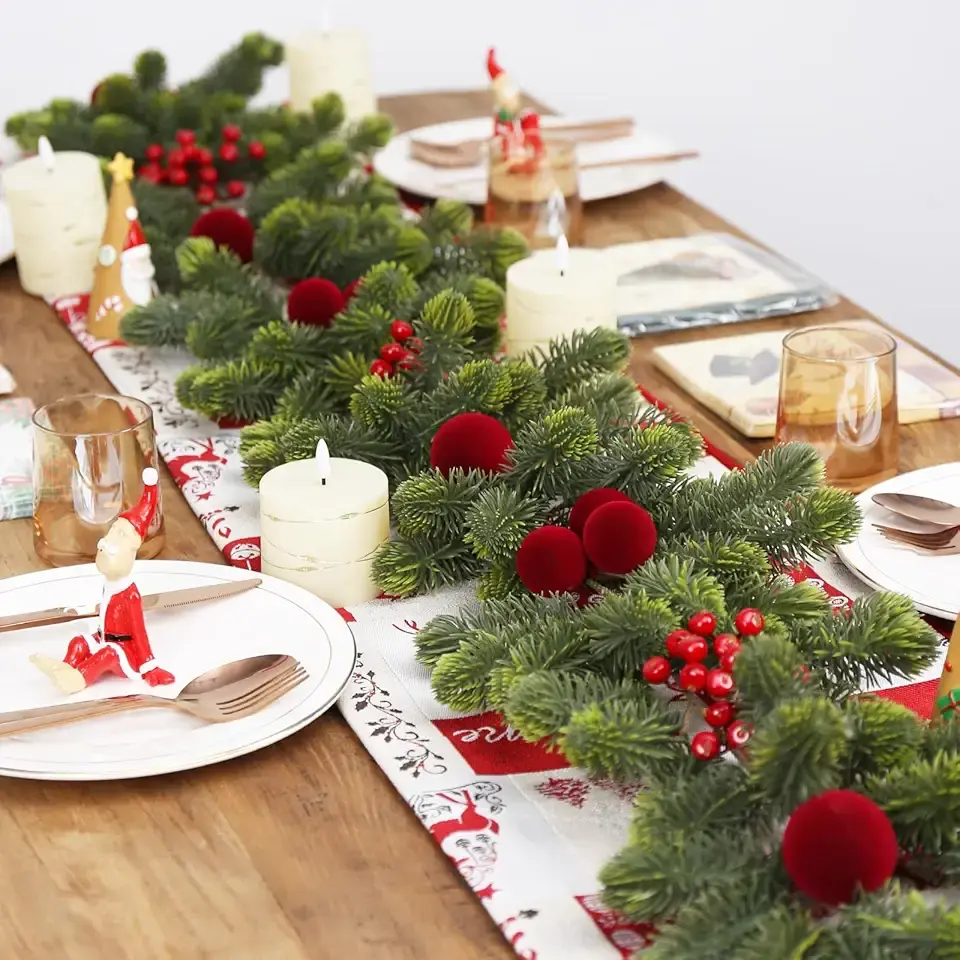 SY Super Bang 6FT Christmas Garland, Artificial Green Garland Christmas Decorations with Velvet Ball Red Berry Exquisite Ornaments, for Indoor Outdoor Home Table Fireplace Xmas Party Holiday Decor.