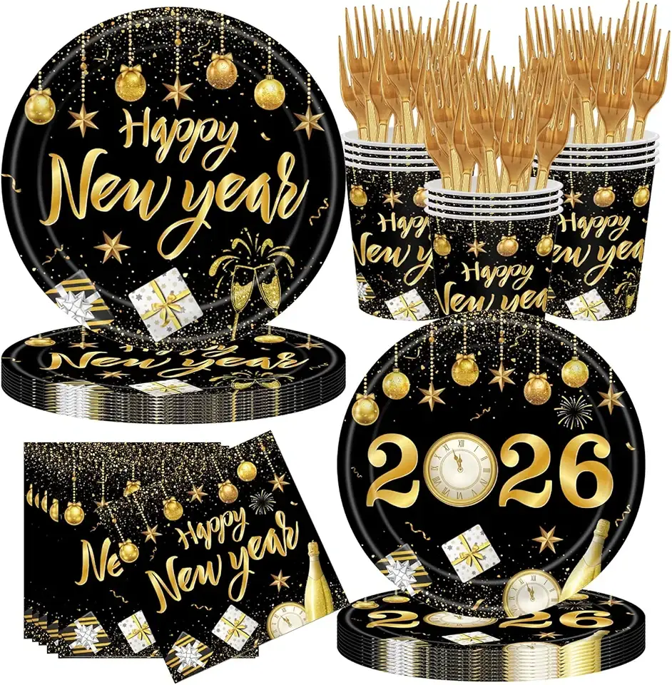 New Years Party Supplies Set,Packs with Plates, Cups, Napkins & Forks, Disposable for 24 Guests,Plates and Napkins for New Years Eve Party Decorations Supplies 2026