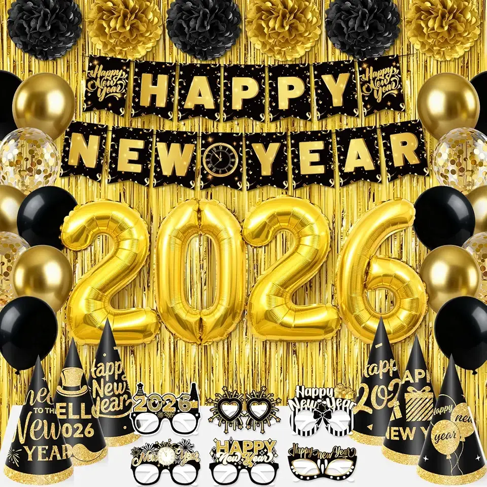 New Year Decorations 2026, Black Gold New Years Eve Party Supplies 2026 with Happy New Year Banner Cone Hat Paper Glasses Fringe Curtains 32inch 2026 Balloons for Happy New Years 2026 Decorations