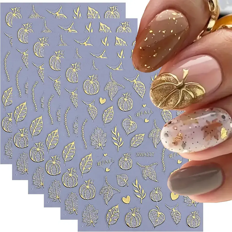 Fall Nail Art Stickers Decals Autumn Maple Leaf Nail Decals 6PCS Pumpkin Leaf Heart Chain Nails Design 3D Self-Adhesive Thanksgiving Day Nail Art Decorations Supplies for Women DIY Manicure Decoration