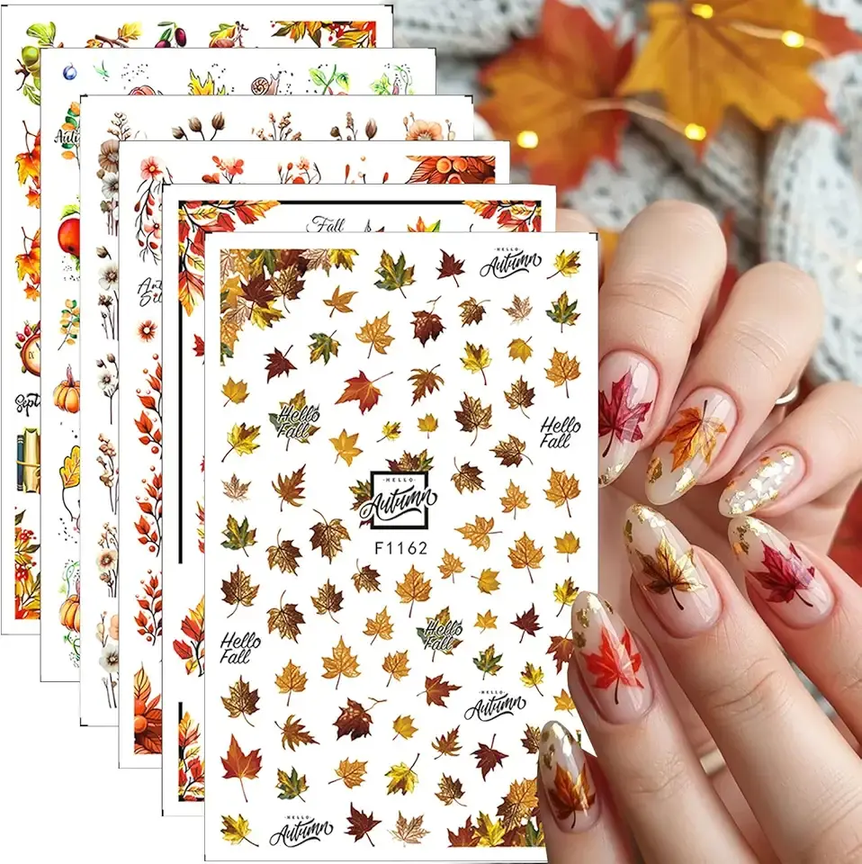 6pcs/Set Fall Maple Leaf Flower Nail Stickers for Nail Art Autumn Pumpkin Self-Adhesive Nail Decal 3D Floral & Leaves Design Nail Accessories Slider Thanksgiving DIY Manicure Decoration for Women