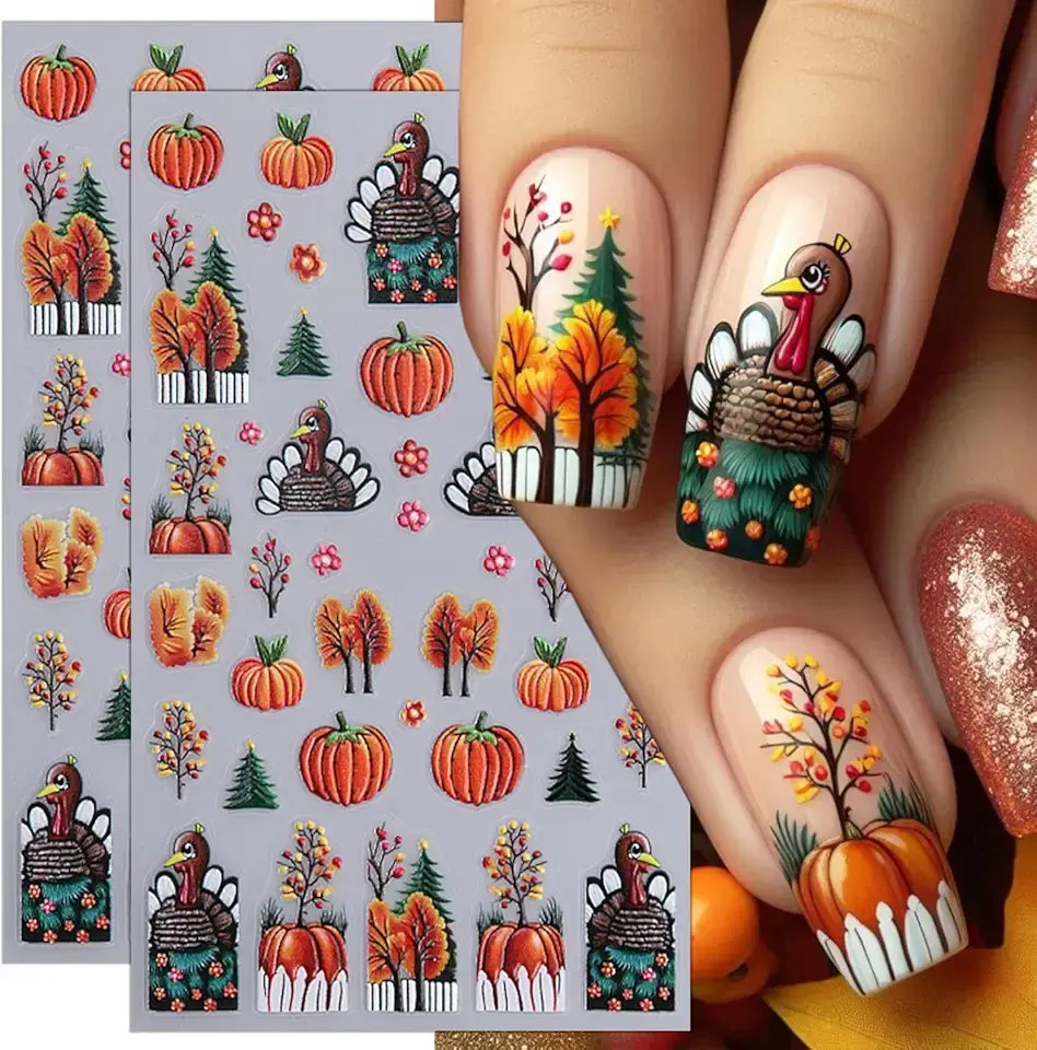 Fall Nail Stickers - Thanksgiving Nail Art Designs: Maple Leaves, Pumpkins, Turkeys - 5D Self-Adhesive, 2 Sheets