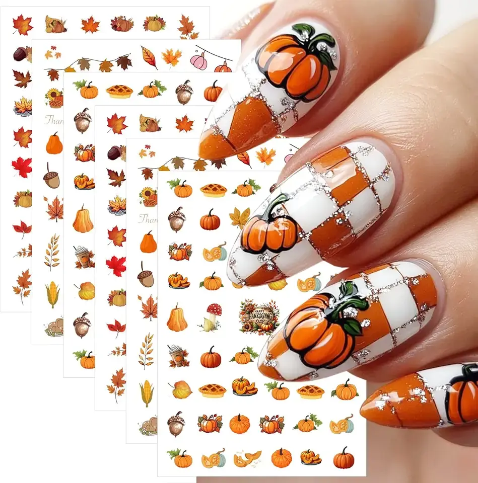 6 Sheets Fall Nail Stickers for Nail Art Autumn Thanksgiving Nail Decals 3D Self-Adhesive Maple Leaf Turkey Pumpkin Nail Decoration Pine Cone Pumpkin Pie Maple Leaves Nail Art Stickers for Women