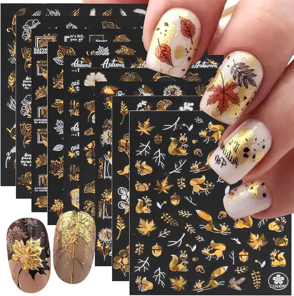 9 Sheets Fall Nail Art Stickers Maple Leaf Nail Decals Flower Tree Nail Design Decals 3D Self-Adhesive Glitter Gold Nail Stickers Thanksgiving Holiday Nail Art Decoration for Women Manicure Tips
