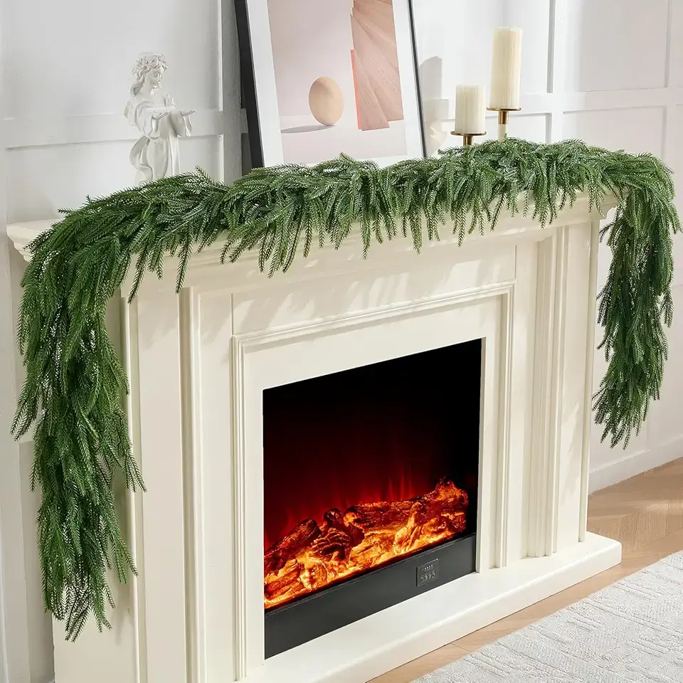 2Pcs 6FT Norfolk Pine Garlands Realistic, Real Touch Winter Xmas Garland, Christmas Decorations Indoor Outdoor, Artificial Holiday Decor Faux Greenery for Mantle, Fireplace, Table