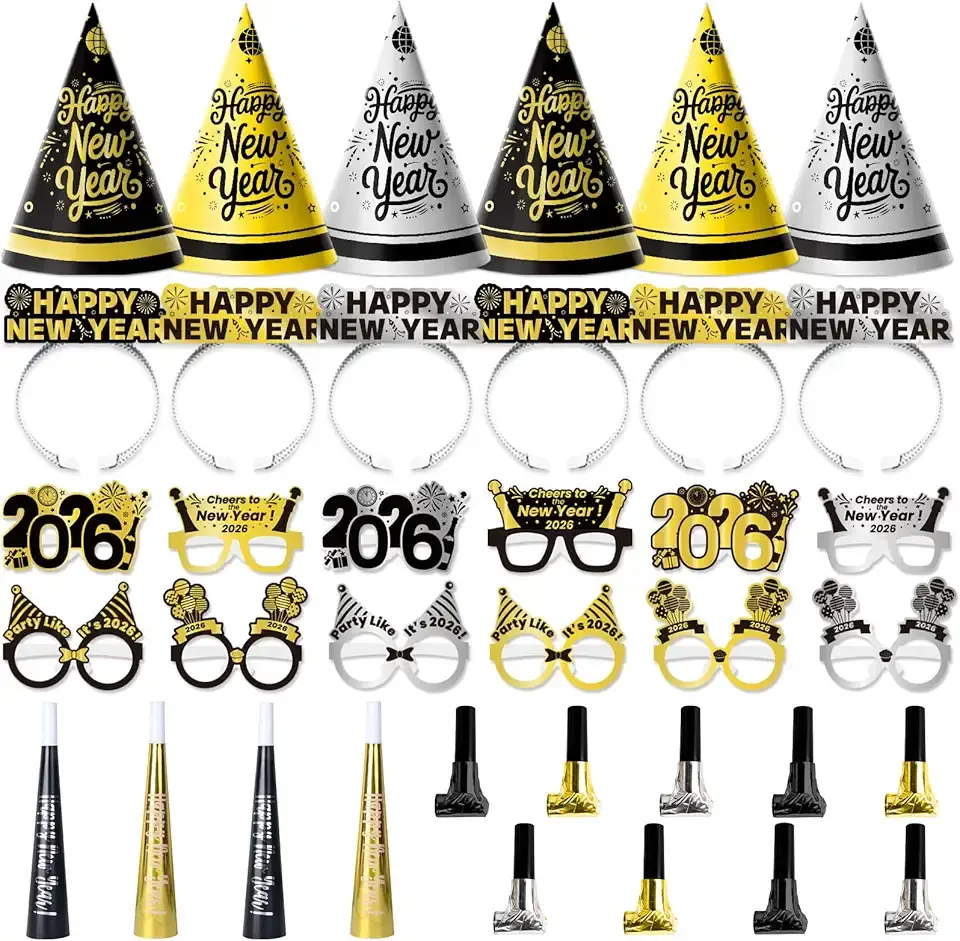 72PCS New Years Eve Party Supplies 2026 for 24 Guests, Happy New Years Decorations Party Favors Includes Top Hats, Tiaras, Glasses, Noise Makers Accessories for Adults Kids Nye Decorations