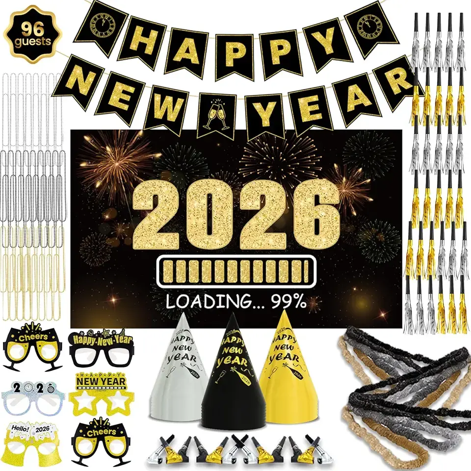 New Years Eve Party Supplies 2026 for 96, New Years Eve Party Decorations, a Banner, 48 Cone Hats, 48 Glasses, 98 Blowouts, 48 Leis, 50 Necklaces and a Backdrop, Great NYE Decorations Pack