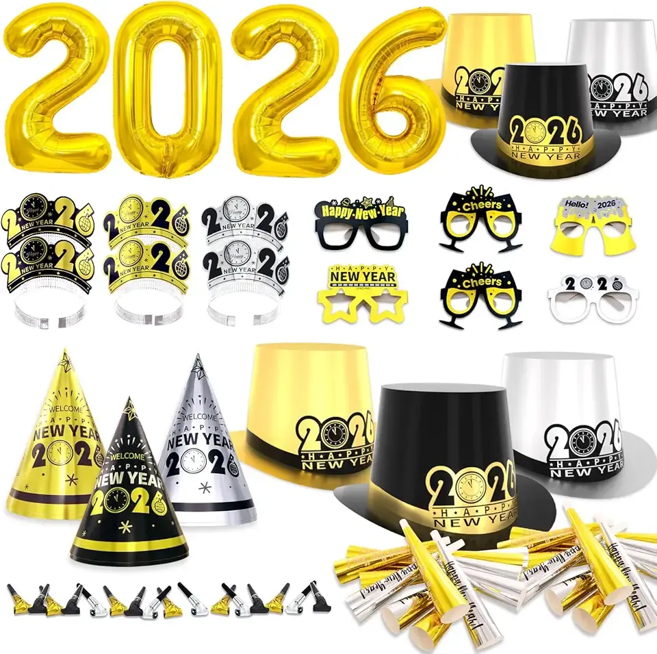 New Years Eve Party Supplies 2026 for 24 Guests, Happy New Years Decorations Party Favors Includes Top Hats, Tiaras, Glasses Accessories for Adults Kids Nye Decorations 2026