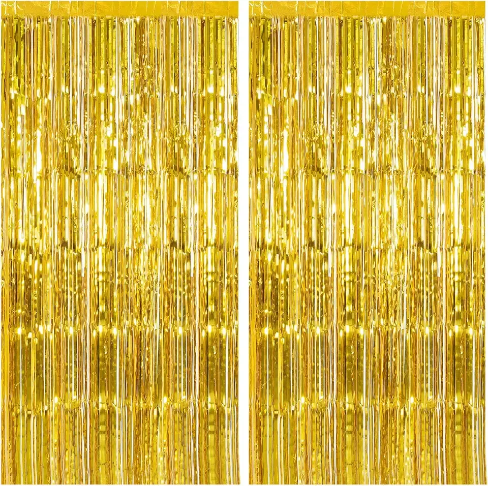2 Pack Gold Backdrop Birthday Decorations Foil Curtain Backdrop Gold Streamers Dance Party Decorations Photo Booth Props for Bachelorette Decorations Christmas Halloween New Years Eve Party Supplies