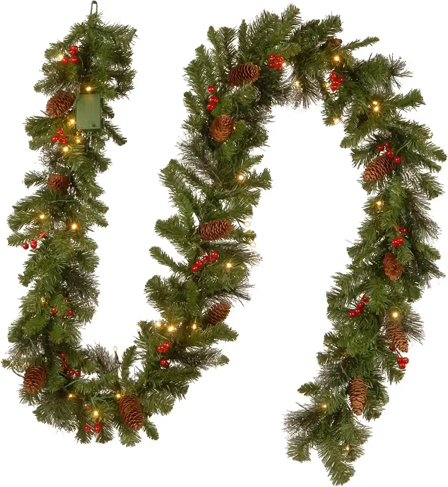 National Tree Company 9 ft Pre-Lit Crestwood Spruce Artificial Christmas Garland, Christmas Decoration with Glitter, Pinecones, Red Berries, 50 Warm White LED Lights, 180 Tips, Timer, Green