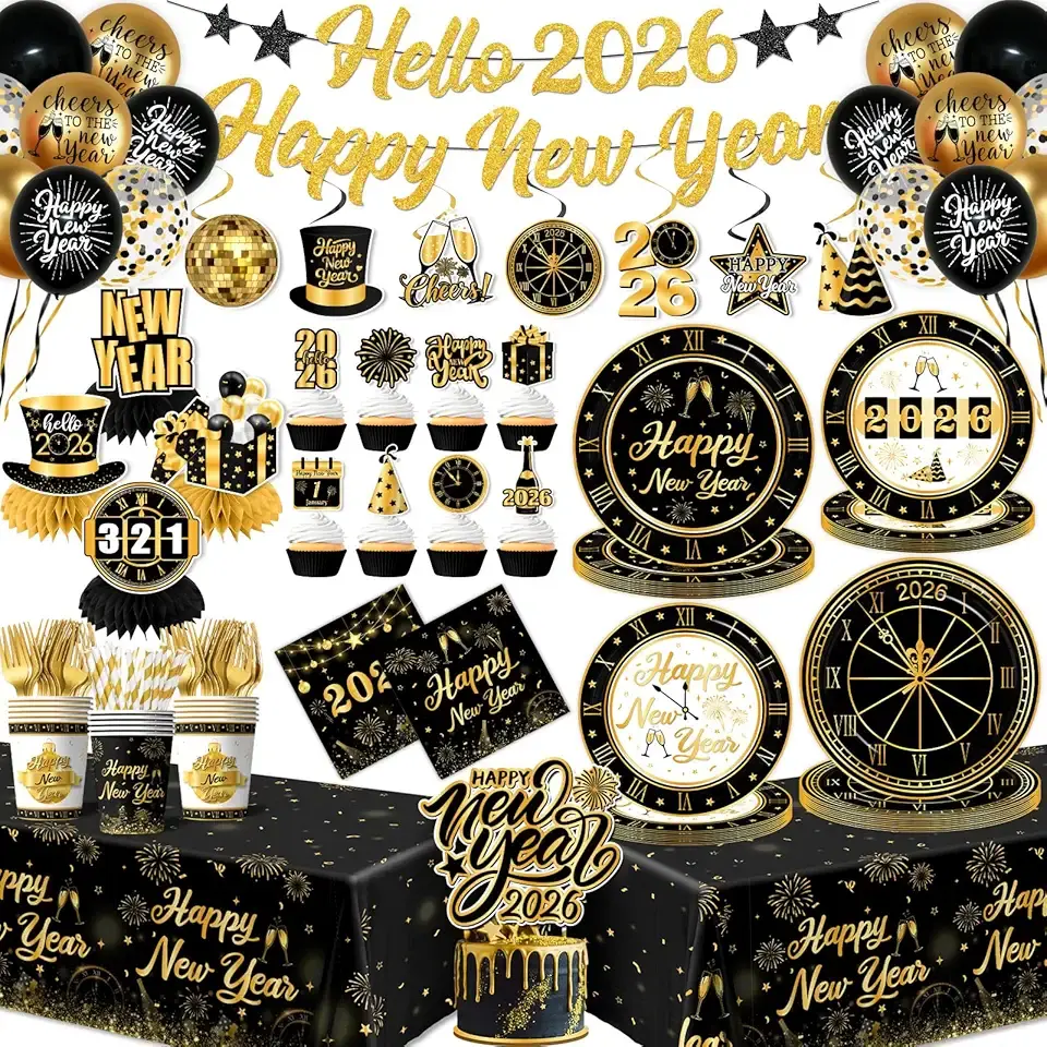 New Years Decorations 2026,new Years Eve Party Supplies Gold and Black Nye Party Decorations include Gold Number 2026 Banner,Tablecloth,Cup,Balloon,Cake Topper,Plates and Napkins for Happy New Years