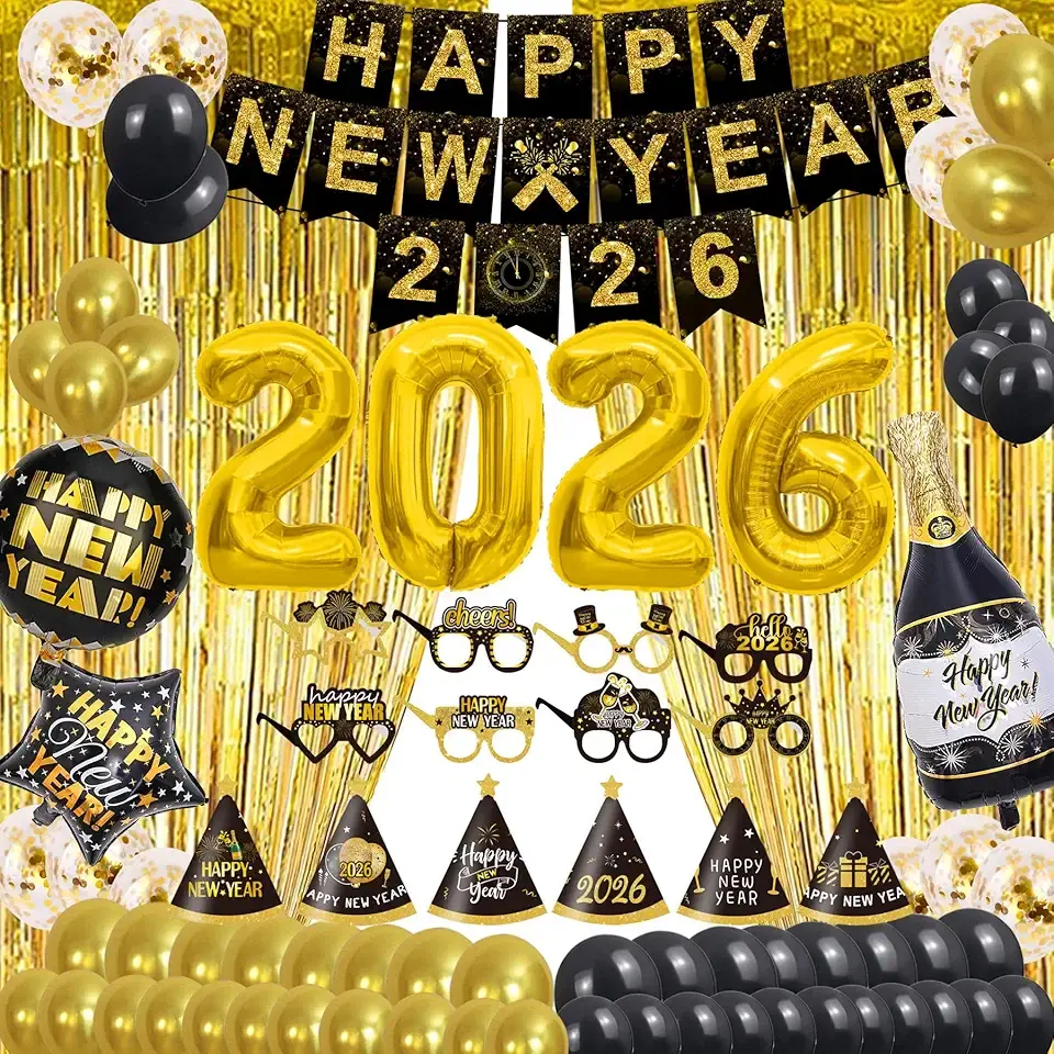 2026 Happy New Year Party Supplies - Hats, Banner, Glasses, Foil Balloon and Fringe Curtains, Swirls, Confetti, New Years Eve Black and Black Party Decoration Decor Kit